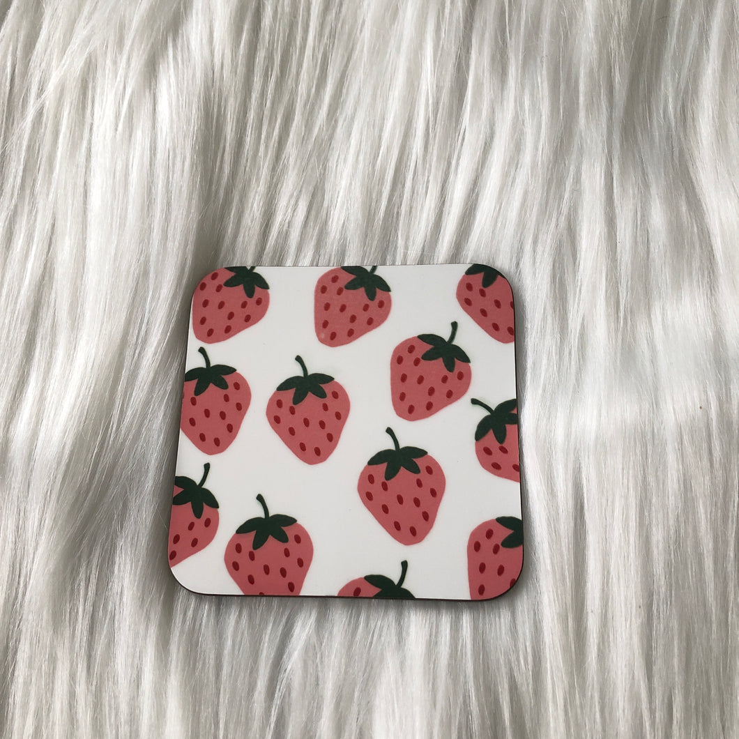 Pink Strawberries Coaster - White Background