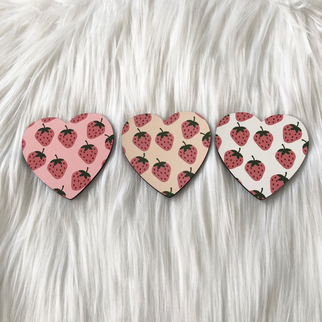 Pink Strawberries Heart Coaster